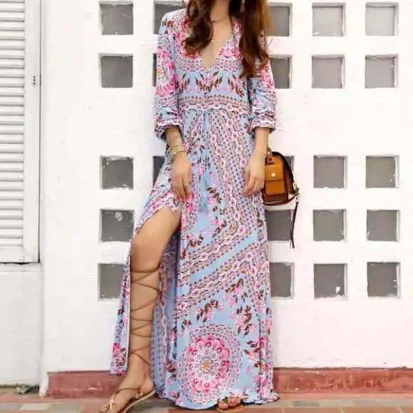 SOLD OUT Blue Floral Bohemian Long Button Up Maxi Dress - Picture 3 of 6